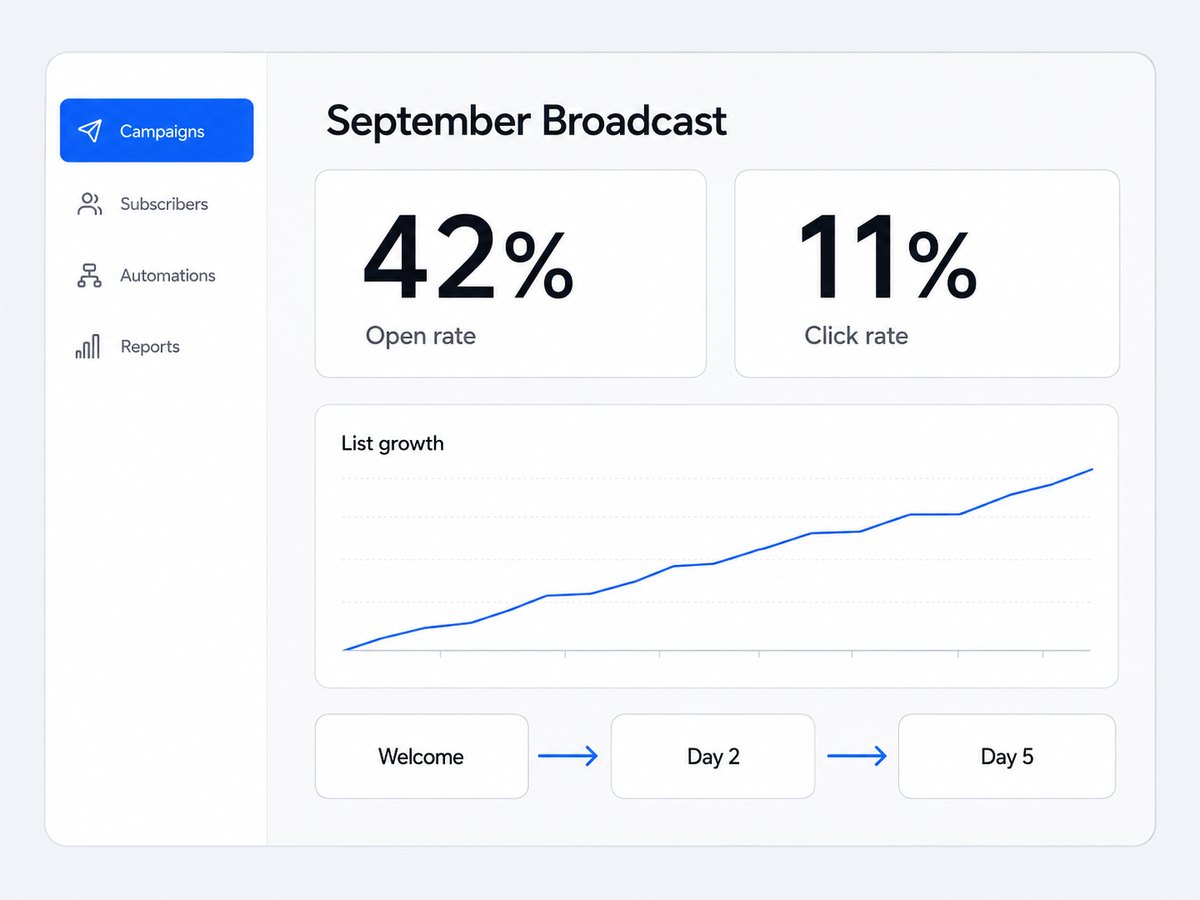 Email campaign dashboard showing a 42% open rate and a rising subscriber list