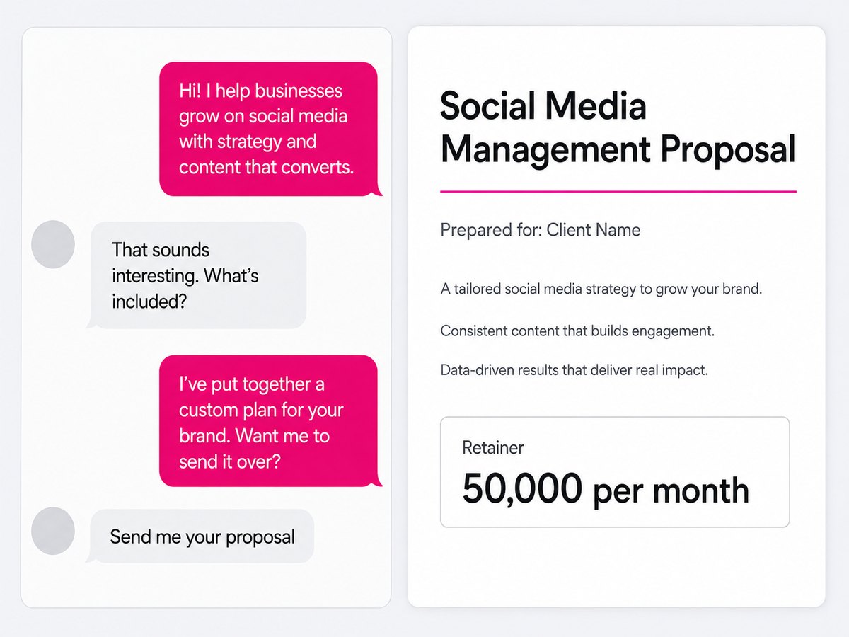 A client DM thread and a social media management proposal with a ₦50,000 monthly retainer