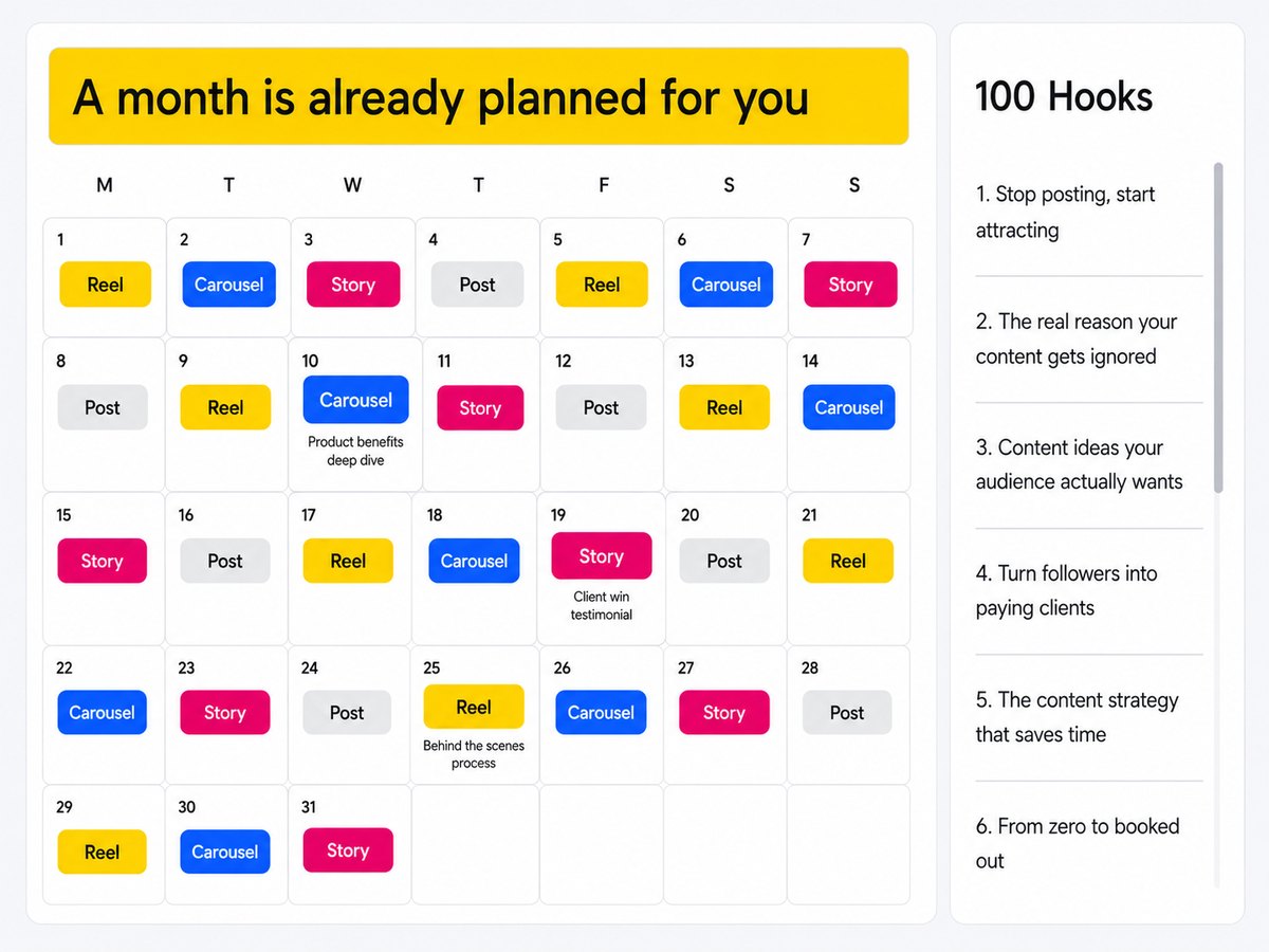 A full month of content already planned, beside a list of 100 hooks