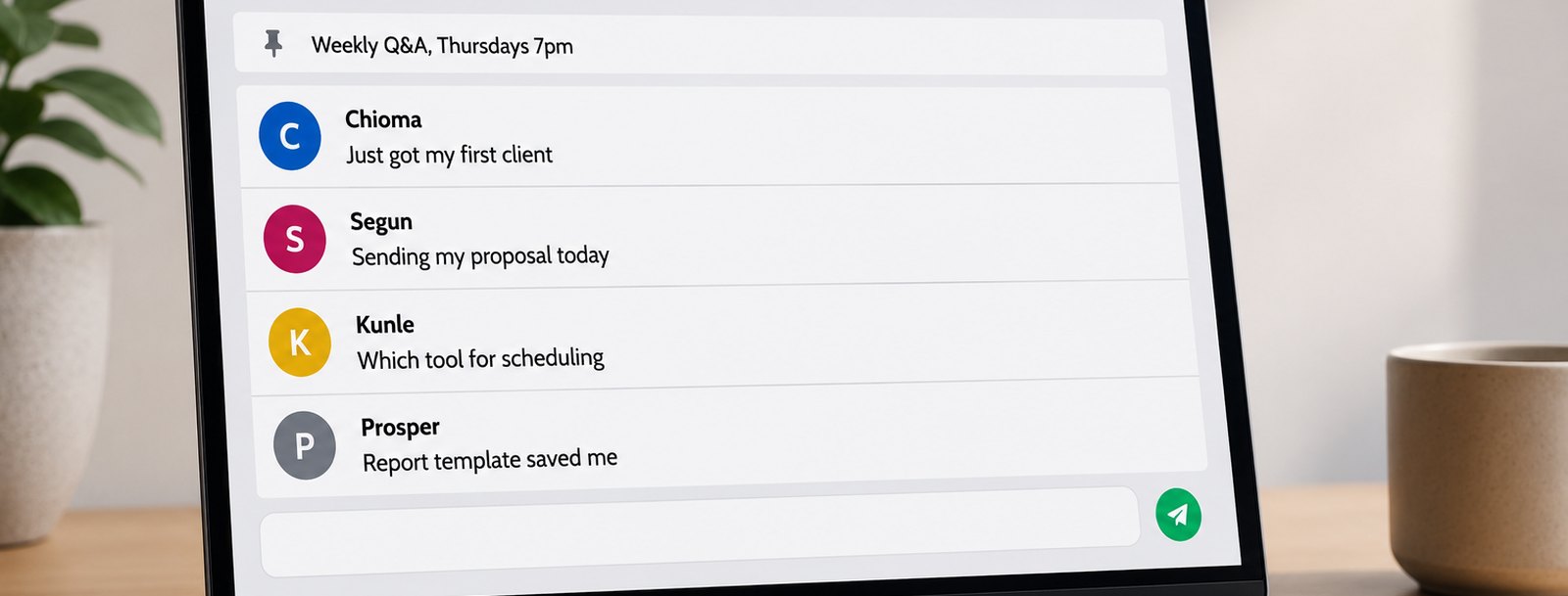 The cohort group chat, with weekly Q&A pinned to the top