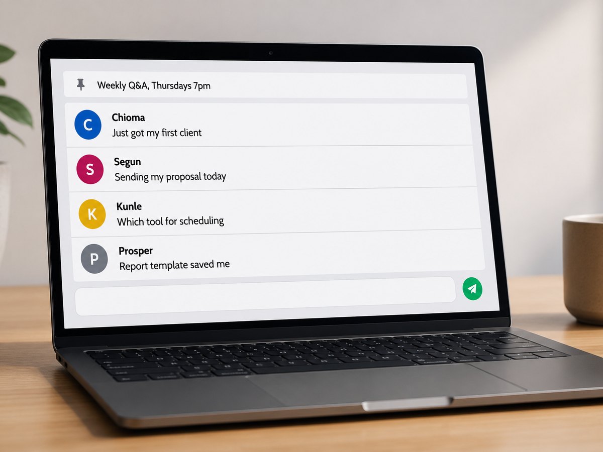 The cohort group chat, with weekly Q&A pinned to the top