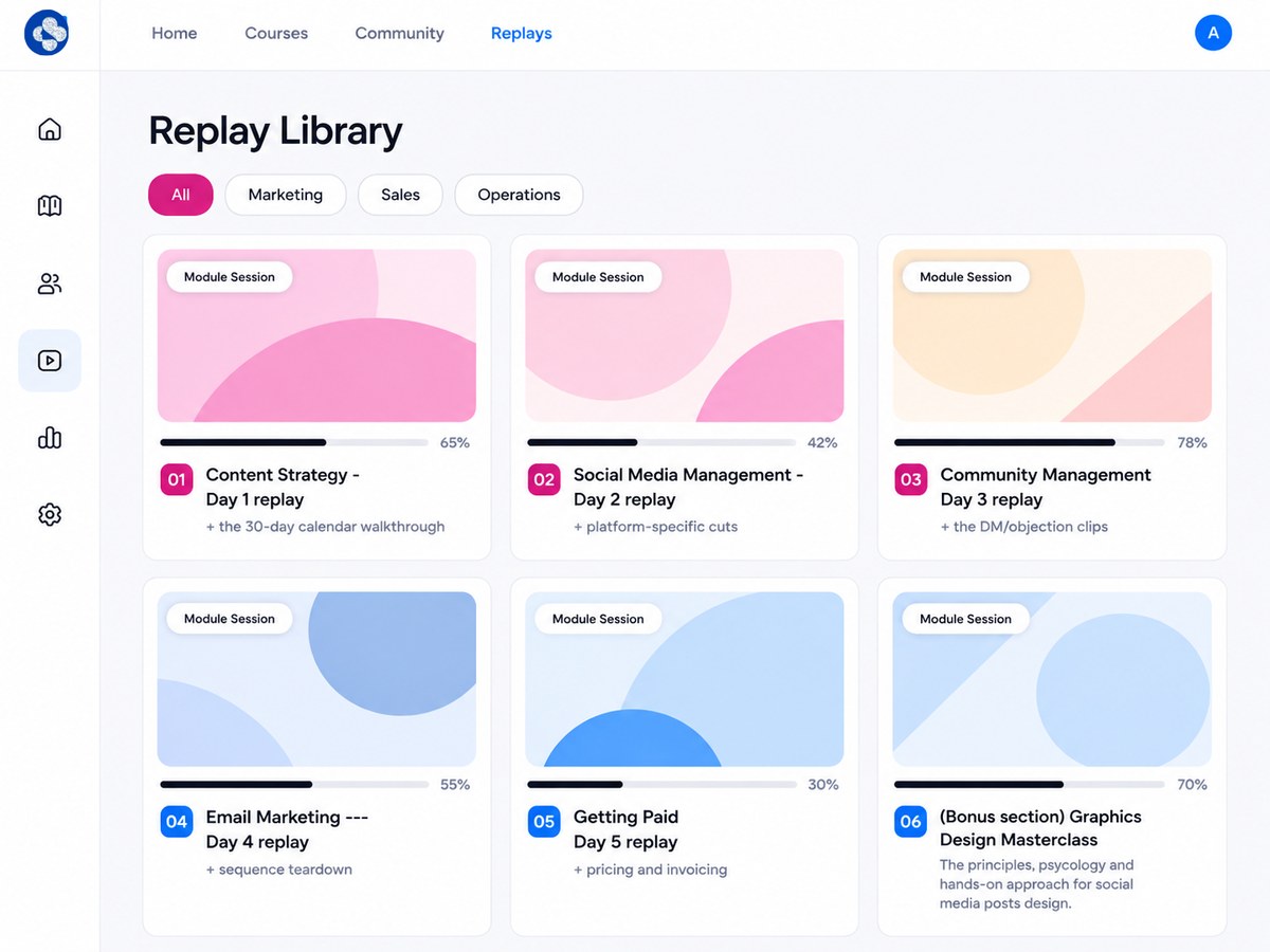 The Replay Library — every session cut into modules with progress tracking