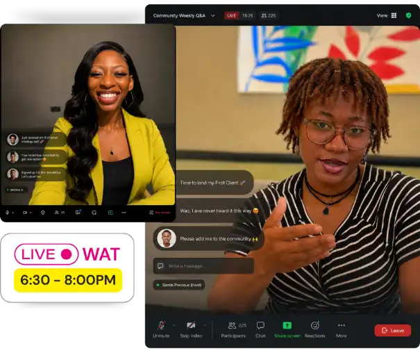 A live B.G.I.T. session — two hosts on camera with the cohort chat running